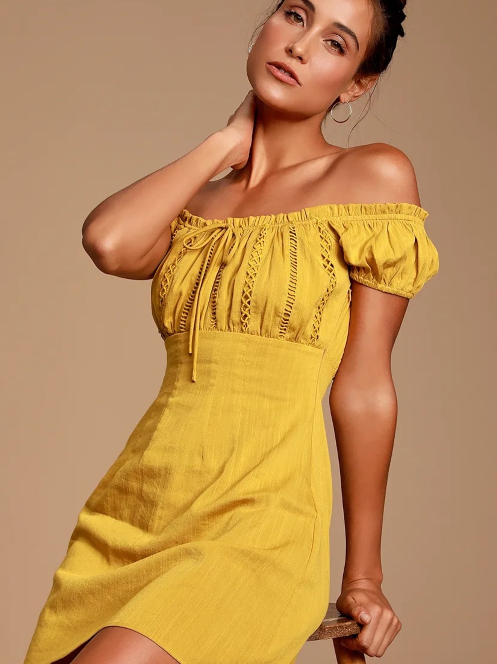 Lulus Mustard On or Off-Shoulder Summer Mini Dress